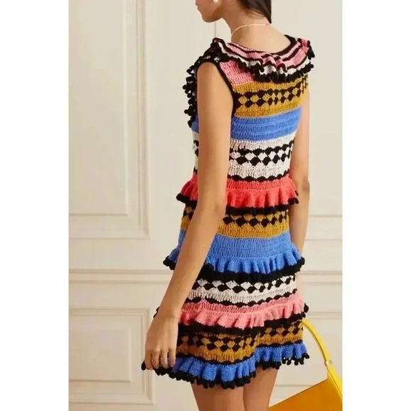 $950 Zimmermann Handmade Real Croch Tiggy Frill Tiered Pompom Dress Resort Sz 12 - Picture 9 of 16